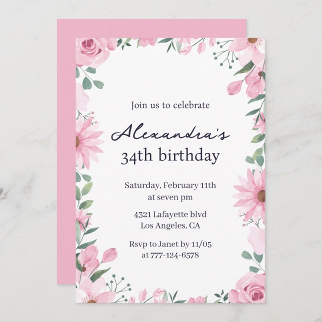 Invitations à 34e anniversaire de la Frame Florale (Devant / Derrière)