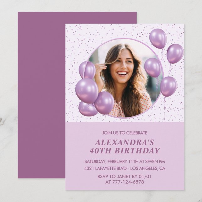Invitations à 40e anniversaire Ballons Photo Purpl (Devant / Derrière)