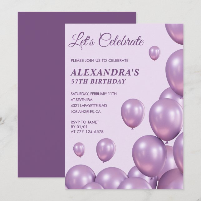 Invitations à 57e anniversaire Ballons Chic Purple (Devant / Derrière)