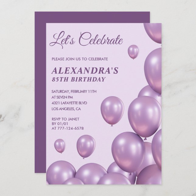 Invitations à 85e anniversaire Ballons Chic Purple (Devant / Derrière)