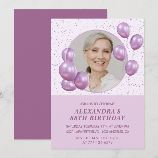 Invitations à 88e anniversaire Photo Purple Ballon (Devant / Derrière)