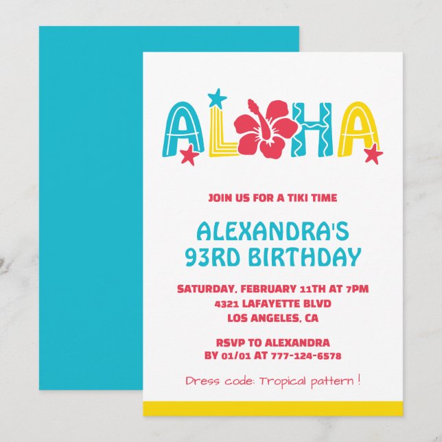 Invitations à 93e anniversaire Tropical Aloha Hawa (Devant / Derrière)
