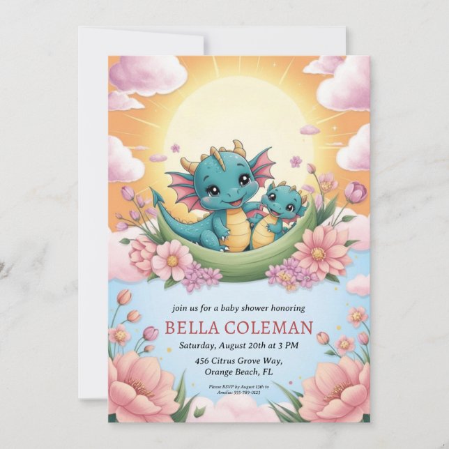 invitations à la douche bébé dragon mignonne (Devant)