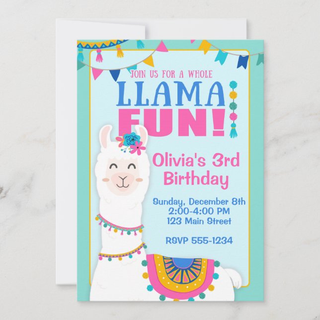Invitations à la fête d'anniversaire de Llama (Devant)