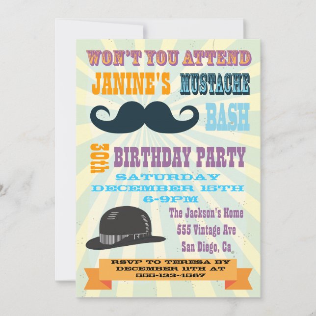 Invitations à la fête d'anniversaire de Mustache (Devant)