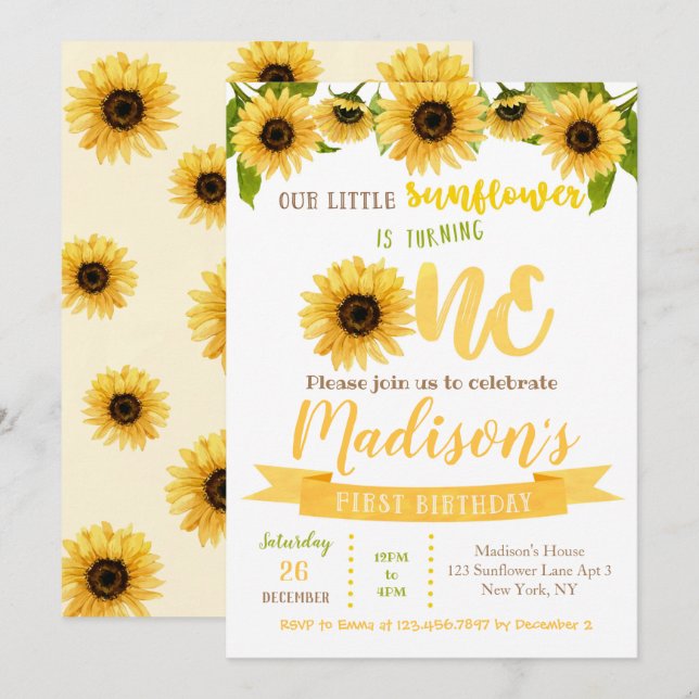 Invitations à la fête d'anniversaire de Sunflower (Devant / Derrière)
