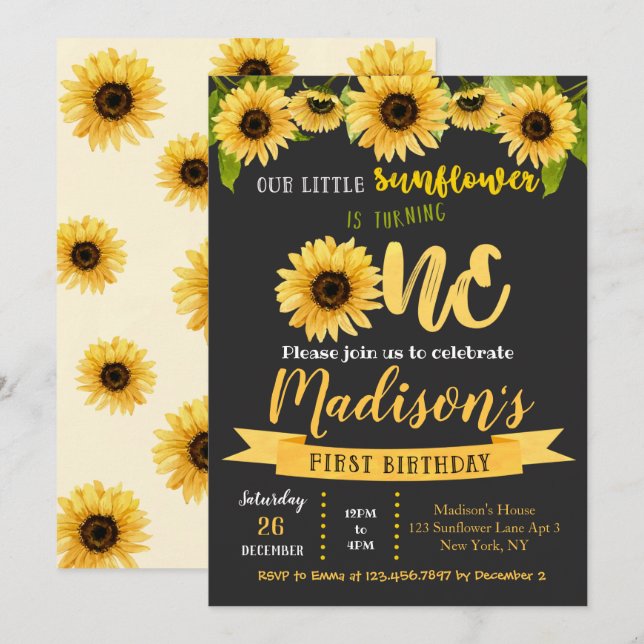 Invitations à la fête d'anniversaire de Sunflower (Devant / Derrière)