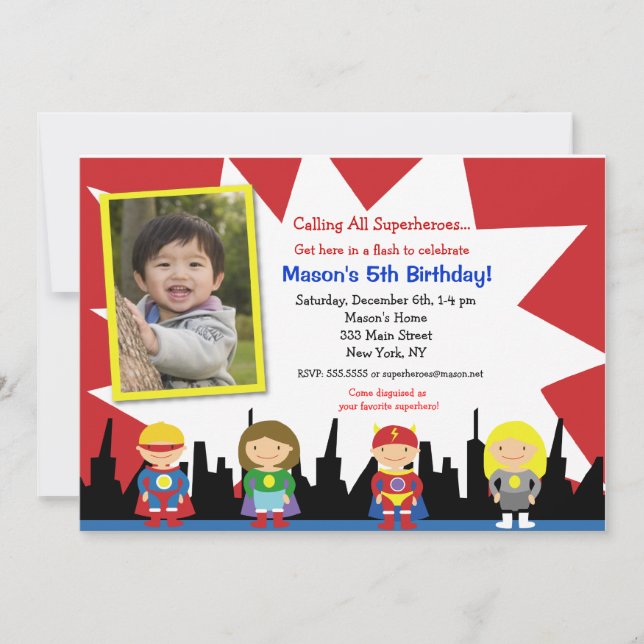 Invitations à la fête d'anniversaire de Superhero  (Devant)