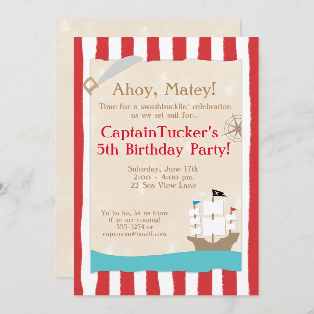 Invitations à la fête d'anniversaire des pirates (Devant / Derrière)