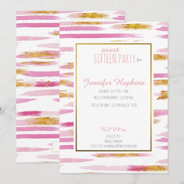 Invitations à la fête Pink & Gold Paint Stripes (Devant / Derrière)