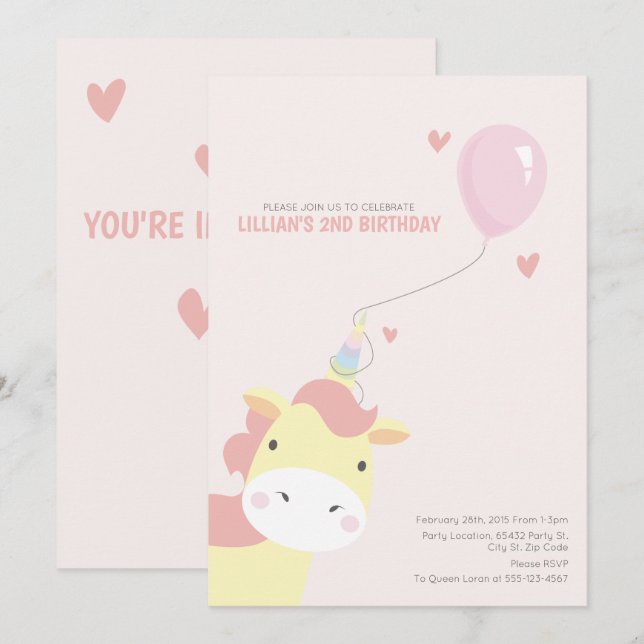 Invitations à la licorne pour Anniversaire magique (Devant / Derrière)