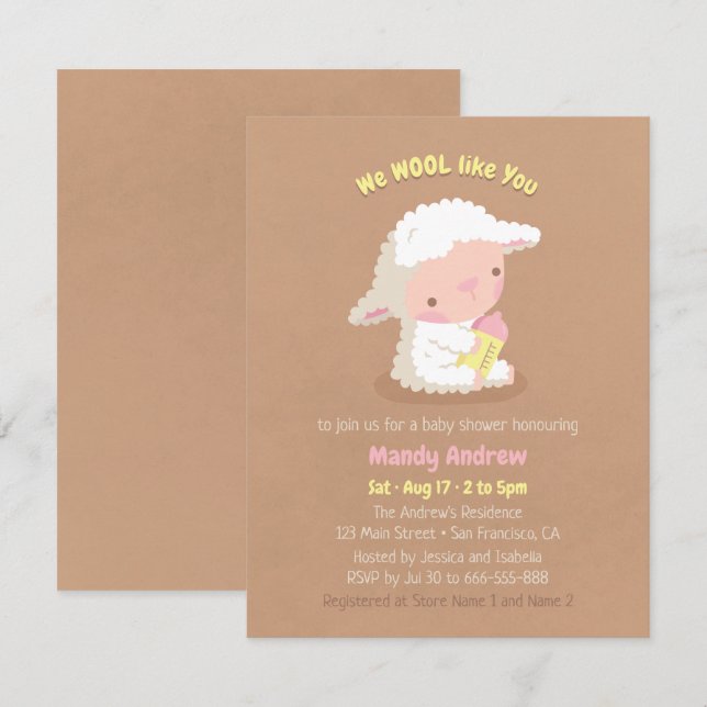 Invitations à la soirée Baby shower agneau mignonn (Devant / Derrière)