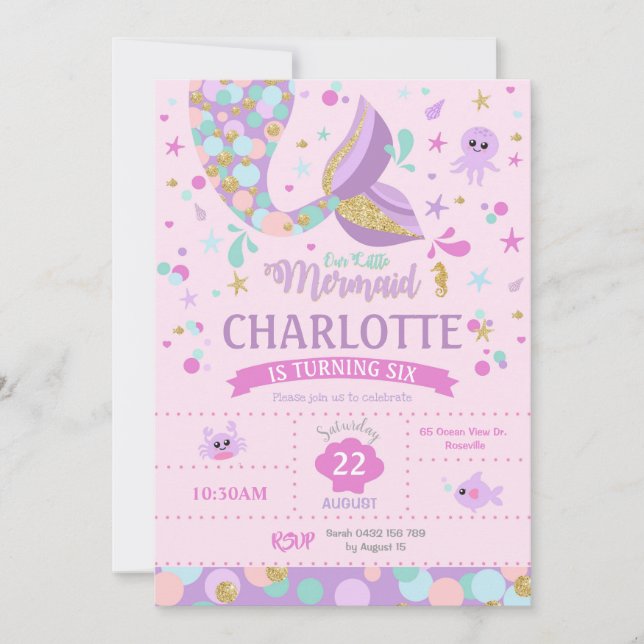 Invitations à l'anniversaire de Mermaid Party rose (Devant)