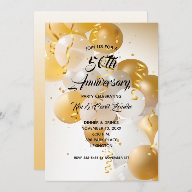 Invitations à l'anniversaire des ballons d'or et d (Devant / Derrière)