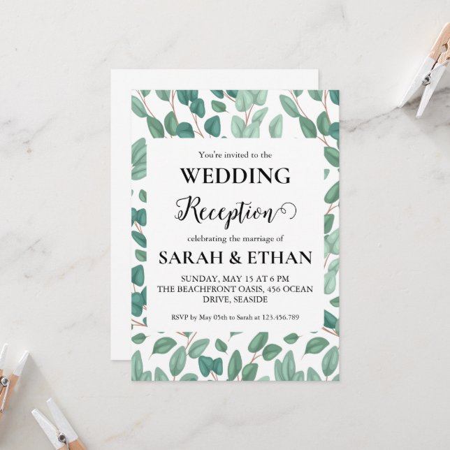 invitations à mariage eucalyptus simples (Devant/Arrière en situation)