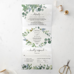 Invitations à trois volets Mariage Dusty Blue Euca