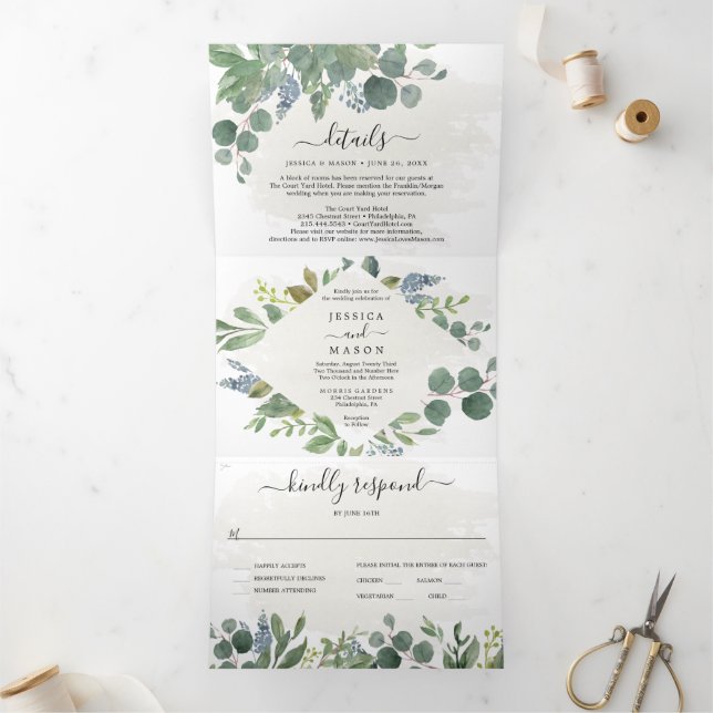 Invitations à trois volets Mariage Dusty Blue Euca (Intérieur)