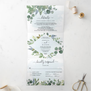 Invitations à trois volets Mariage Dusty Blue Euca