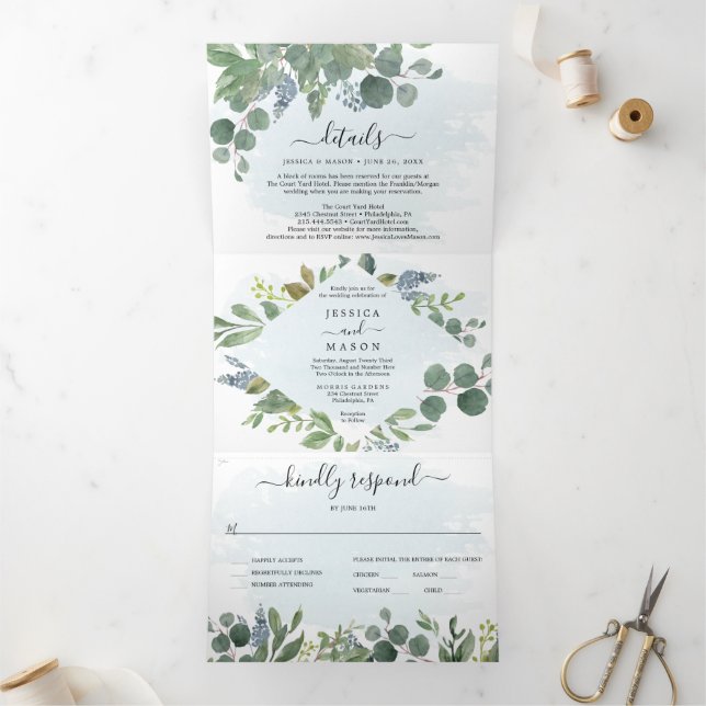 Invitations à trois volets Mariage Dusty Blue Euca (Intérieur)