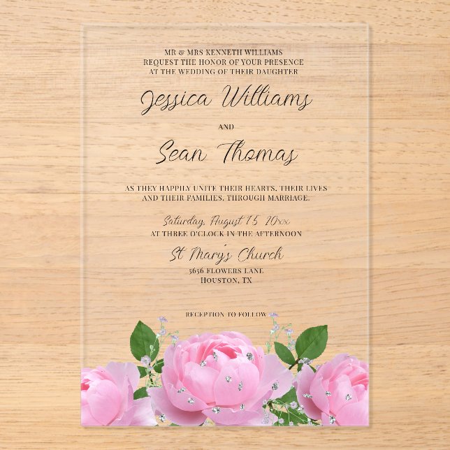 Invitations acryliques Mariages rose élégant (Recto)