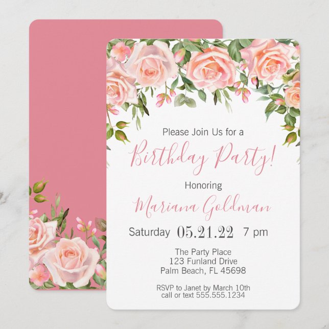 Invitations Anniversaire Pink Floral Modern Party (Devant / Derrière)