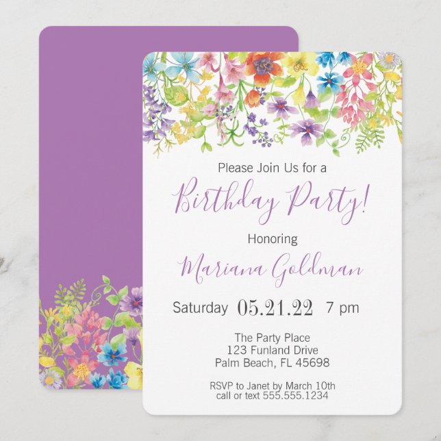 Invitations Anniversaire Purple Fleur sauvage Part (Devant / Derrière)