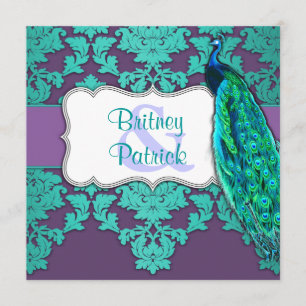 Invitations Aqua Peacock et Purple Mariage damassé