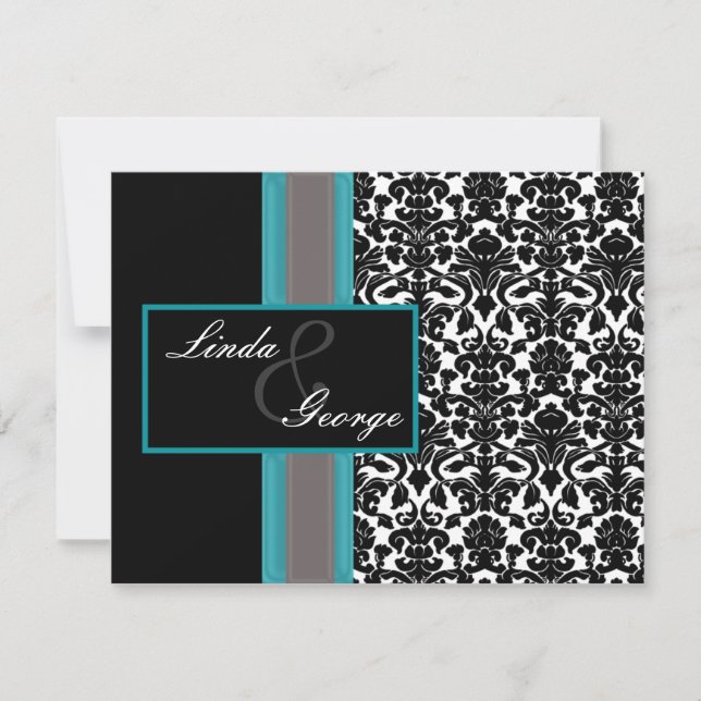 Invitations Aqua White Black Mariage damassé (Devant)