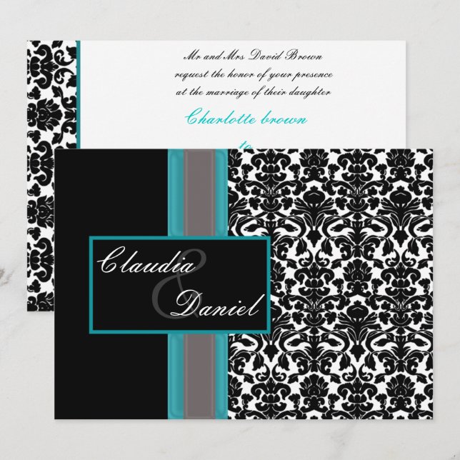 Invitations Aqua White Black Mariage damassé (Devant / Derrière)