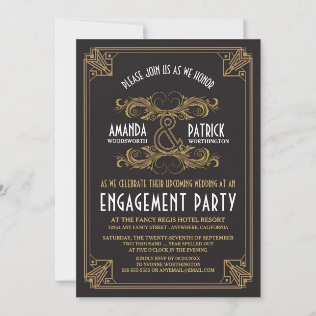 Invitations Art Déco Vintage Gold Engagement Party (Devant)