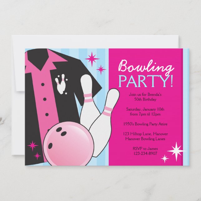 Invitations au Bowling Birthday Party en rose (Devant)