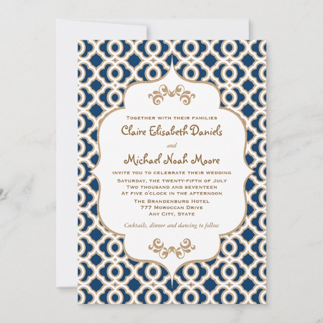 Invitations au mariage marocain bleu et or de la m (Devant)
