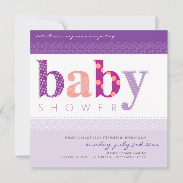 INVITATIONS baby showers :: lettres à motifs bébé  (Devant)