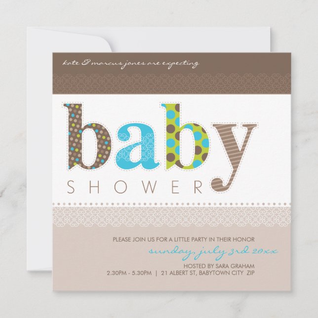 INVITATIONS baby showers :: lettres à motifs bébé  (Devant)
