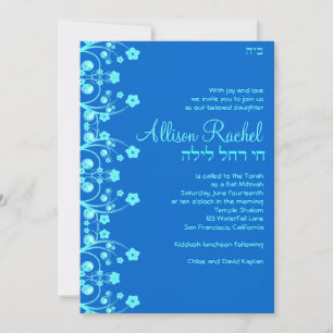 Invitations Bat mitzvah Allison Flowers Blue 06C