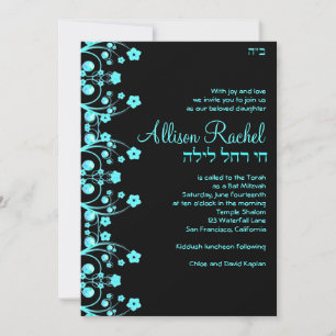 Invitations Bat mitzvah Allison Flowers Noir/Bleu