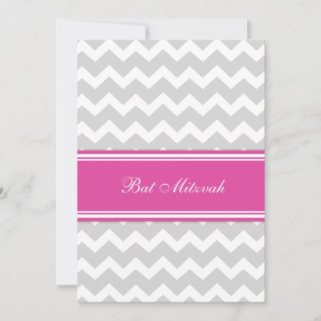 Invitations Bat mitzvah de Chevron gris rose (Devant)