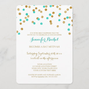 Invitations Bat mitzvah Gold Blue Aqua Confetti