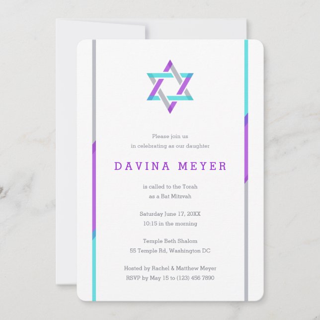 Invitations Bat mitzvah modernes | Violet + Turquo (Devant)