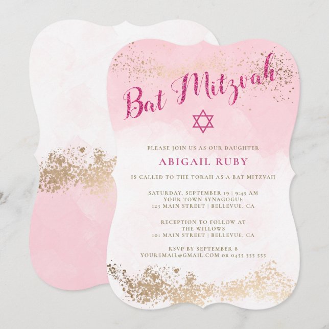 Invitations bat mitzvah | Parties scintillant rose (Devant / Derrière)