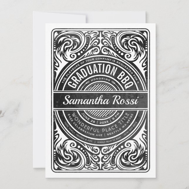 Invitations BBQ de diplôme noir et blanc (Devant)