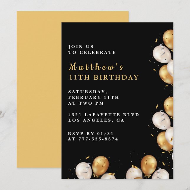 Invitations Black 11e anniversaire Gold Balloon Bo (Devant / Derrière)