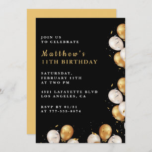 Invitations Black 11e anniversaire Gold Balloon Bo