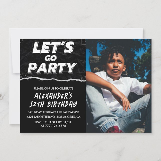 Invitations Black 12e anniversaire Boy Photo (Devant)