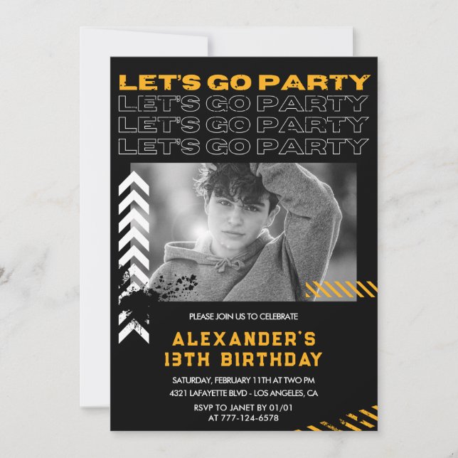 Invitations Black 13e anniversaire Boy Photo Spray (Devant)