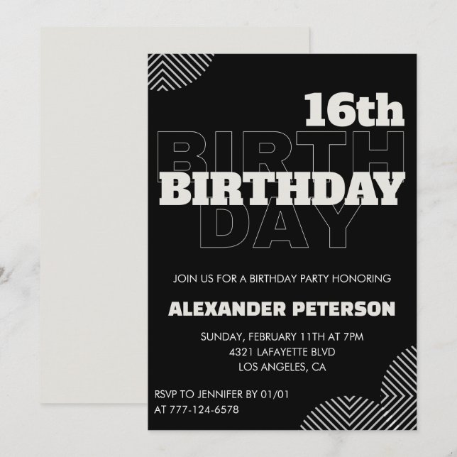 Invitations Black 16e anniversaire Men Party (Devant / Derrière)