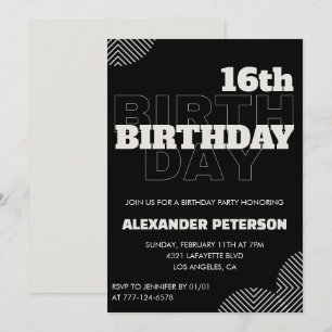 Invitations Black 16e anniversaire Men Party