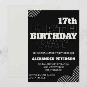 Invitations Black 17e anniversaire Men Party