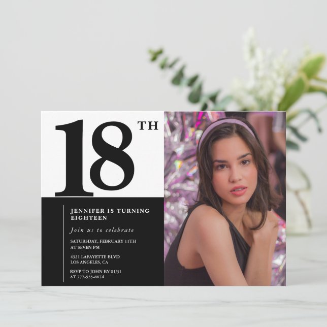 Invitations Black 18e anniversaire Elegant Chic (Debout devant)