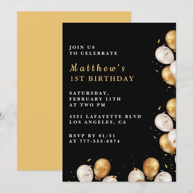 Invitations Black 1er anniversaire Gold Balloon Bo (Devant / Derrière)